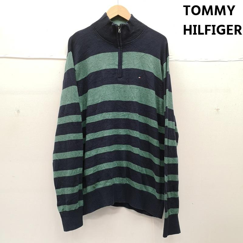 トミーヒルフィガー TOMMY HILFIGER ニット、セーター 長袖 フラッグロゴ 刺繡 ボーダー柄 ハーフジップ ニット セーター XL 紺 / ネイビー / navy X 緑 / グリーン / green メンズ USED 古着 中古 50170127