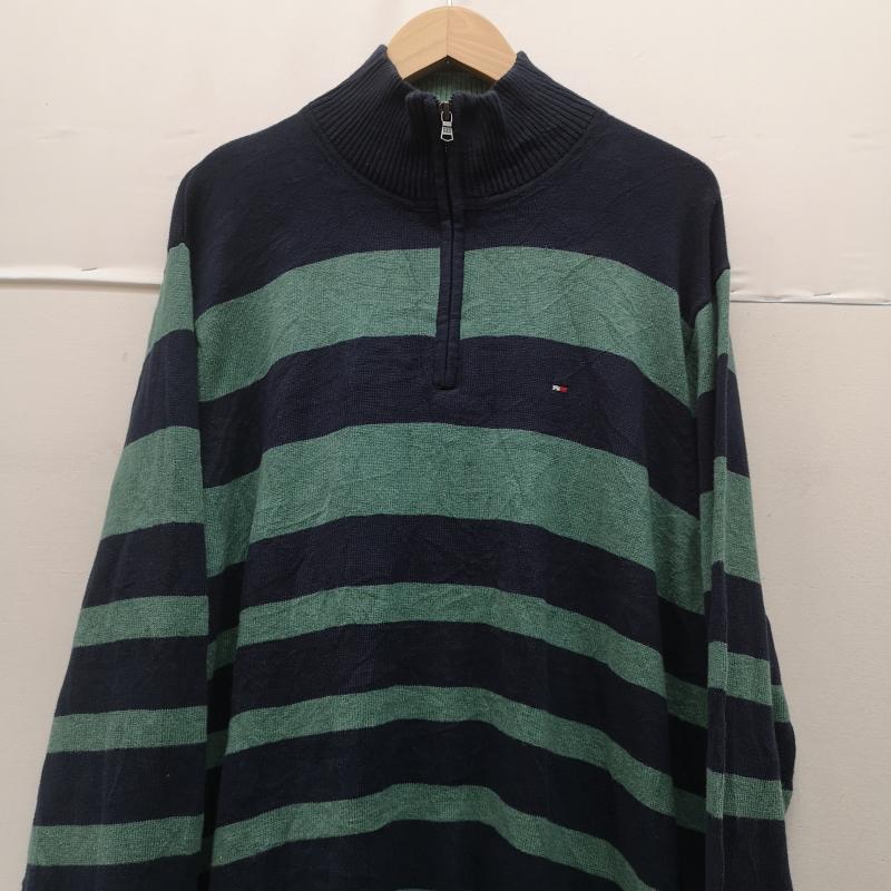 トミーヒルフィガー TOMMY HILFIGER ニット、セーター 長袖 フラッグロゴ 刺繡 ボーダー柄 ハーフジップ ニット セーター XL 紺 / ネイビー / navy X 緑 / グリーン / green メンズ USED 古着 中古 50170127