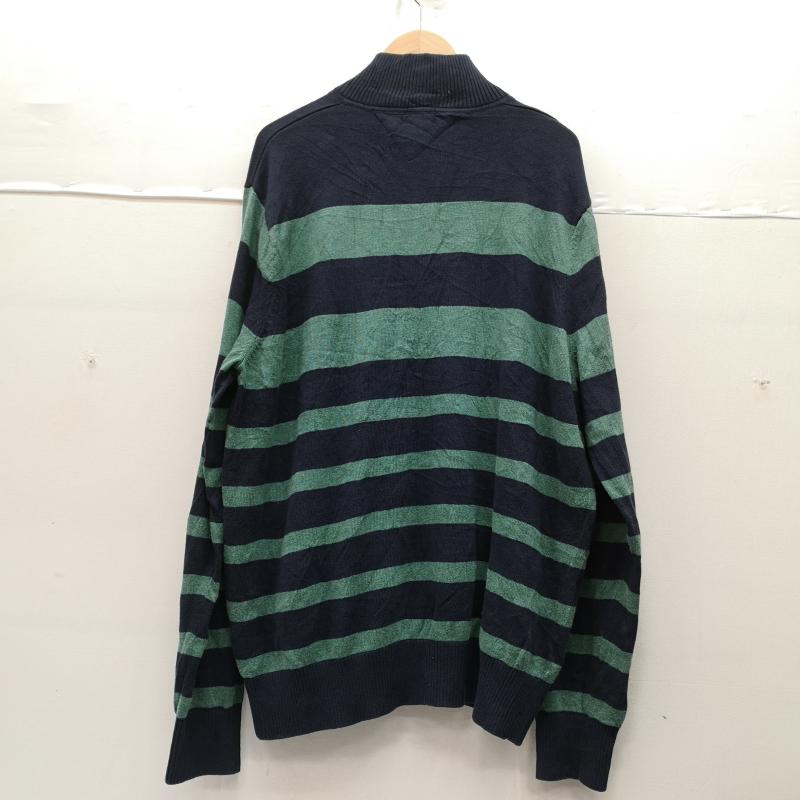 トミーヒルフィガー TOMMY HILFIGER ニット、セーター 長袖 フラッグロゴ 刺繡 ボーダー柄 ハーフジップ ニット セーター XL 紺 / ネイビー / navy X 緑 / グリーン / green メンズ USED 古着 中古 50170127