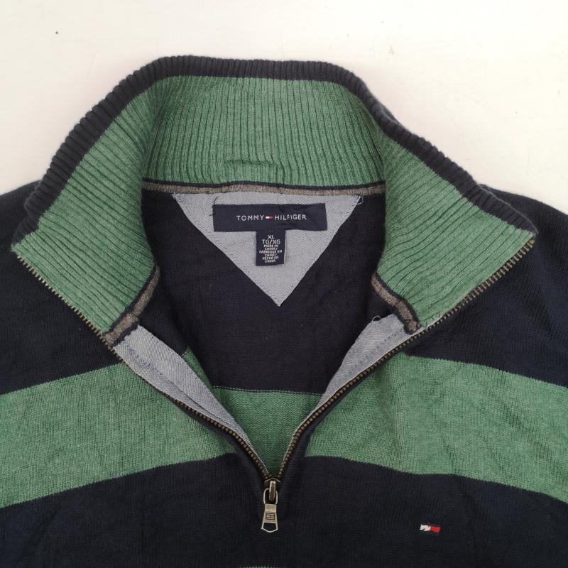 トミーヒルフィガー TOMMY HILFIGER ニット、セーター 長袖 フラッグロゴ 刺繡 ボーダー柄 ハーフジップ ニット セーター XL 紺 / ネイビー / navy X 緑 / グリーン / green メンズ USED 古着 中古 50170127