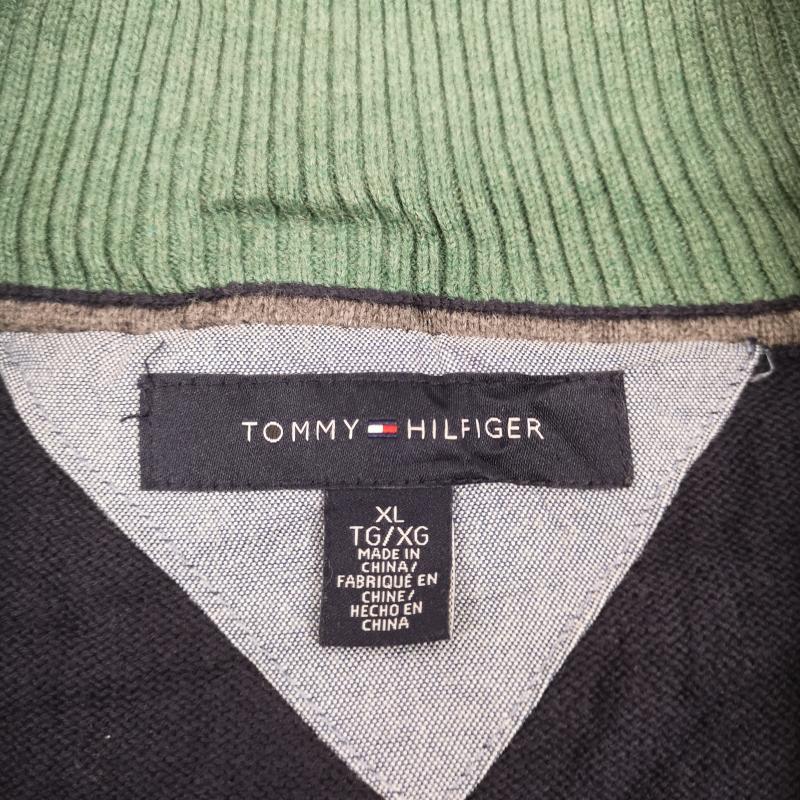トミーヒルフィガー TOMMY HILFIGER ニット、セーター 長袖 フラッグロゴ 刺繡 ボーダー柄 ハーフジップ ニット セーター XL 紺 / ネイビー / navy X 緑 / グリーン / green メンズ USED 古着 中古 50170127