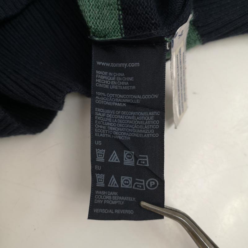 トミーヒルフィガー TOMMY HILFIGER ニット、セーター 長袖 フラッグロゴ 刺繡 ボーダー柄 ハーフジップ ニット セーター XL 紺 / ネイビー / navy X 緑 / グリーン / green メンズ USED 古着 中古 50170127