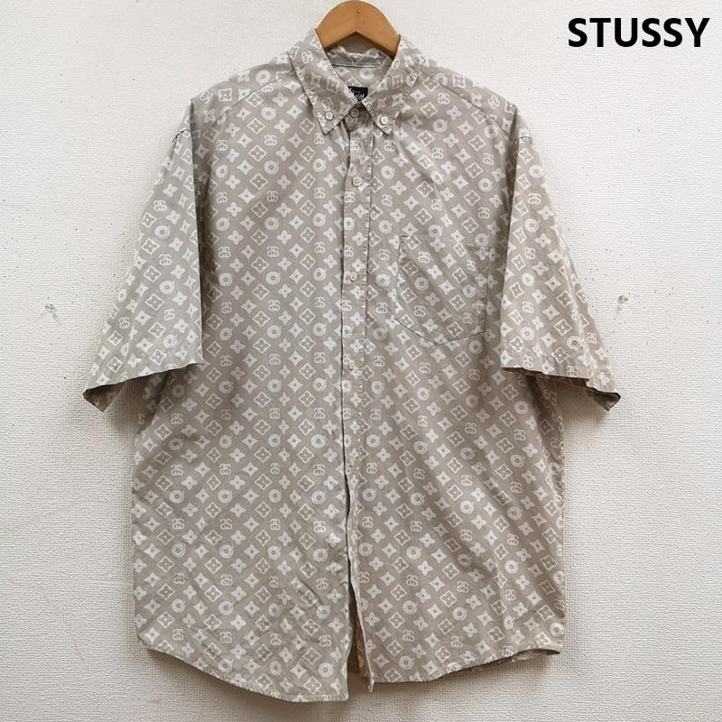 ステューシー STUSSY シャツ、ブラウス 半袖 USA製 90s 黒タグ モノグラム ボタンダウン 半袖 シャツ L 灰 / グレー / gray X ベージュ / ベージュ / beige メンズ USED 古着 中古 50170196