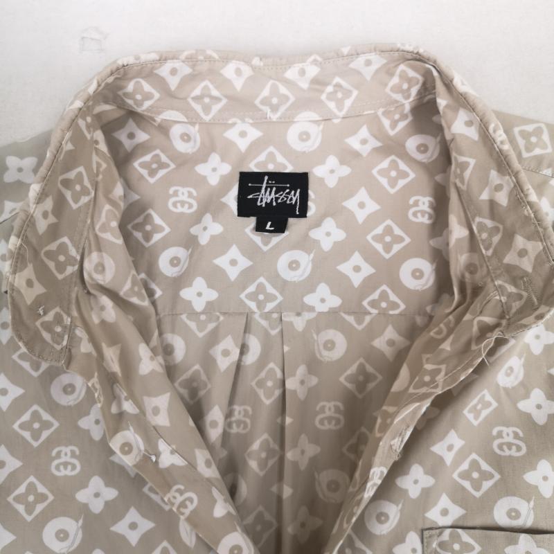 ステューシー STUSSY シャツ、ブラウス 半袖 USA製 90s 黒タグ モノグラム ボタンダウン 半袖 シャツ L 灰 / グレー / gray X ベージュ / ベージュ / beige メンズ USED 古着 中古 50170196
