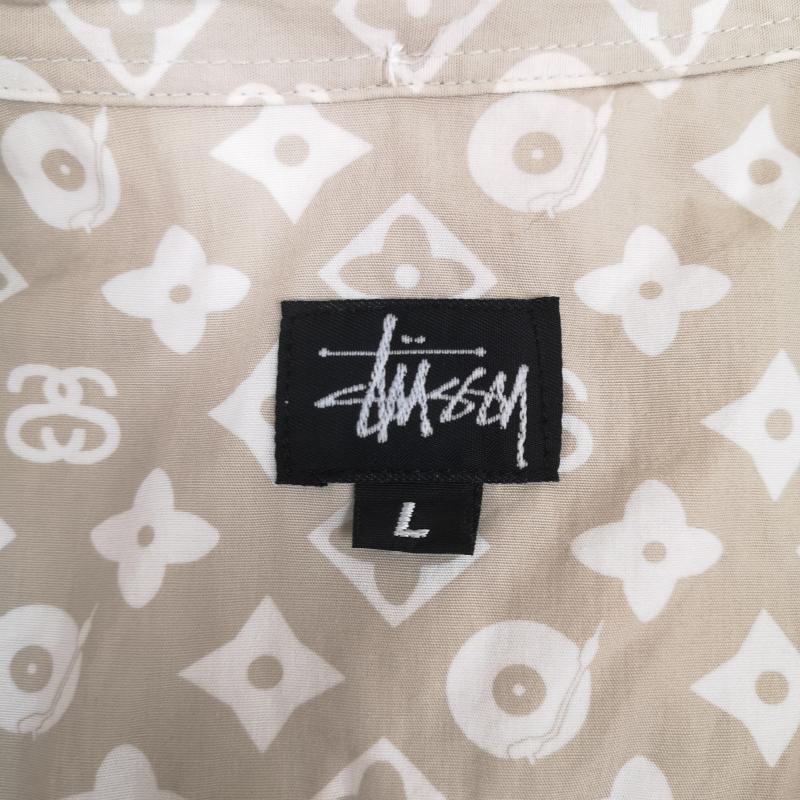 ステューシー STUSSY シャツ、ブラウス 半袖 USA製 90s 黒タグ モノグラム ボタンダウン 半袖 シャツ L 灰 / グレー / gray X ベージュ / ベージュ / beige メンズ USED 古着 中古 50170196