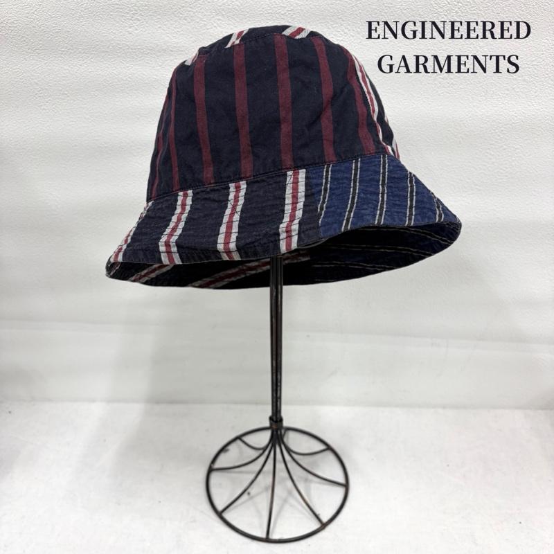 エンジニアードガーメンツ Engineered Garments 帽子 ハット レジメンタル ストライプ デザイン 切り替え バケットハット パッチワーク Lsize USA製 - ストライプ 紺 / ネイビー / navy X えんじ / ワインレッド / dark red メンズ USED 古着 中古 50170239