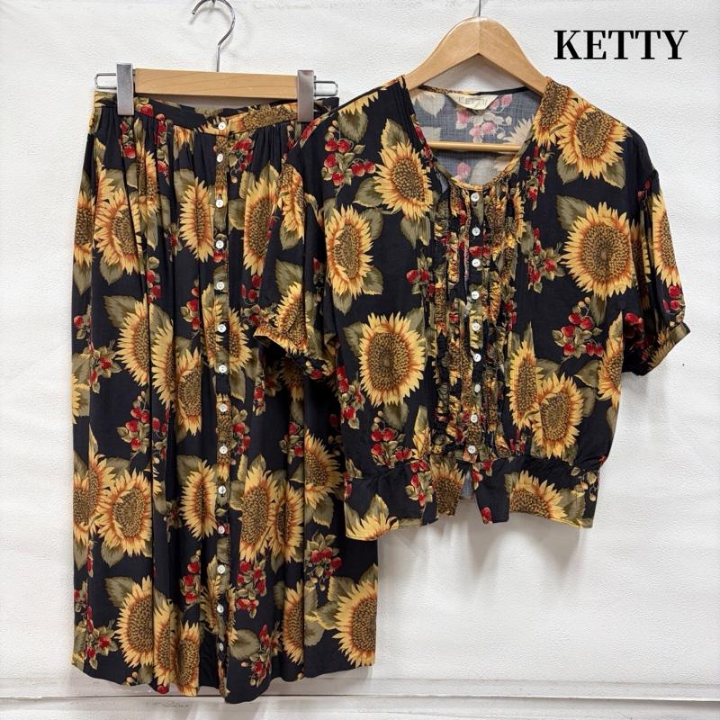ケティ ketty セットアップ セットアップ ひまわり 花柄 フリル セットアップ 半袖 パフスリーブ ブラウス Aライン ロングスカート レーヨン 9号 花柄 紺 / ネイビー / navy X 橙 / オレンジ / orange X 赤 / レッド / red レディース USED 古着 中古 50170383