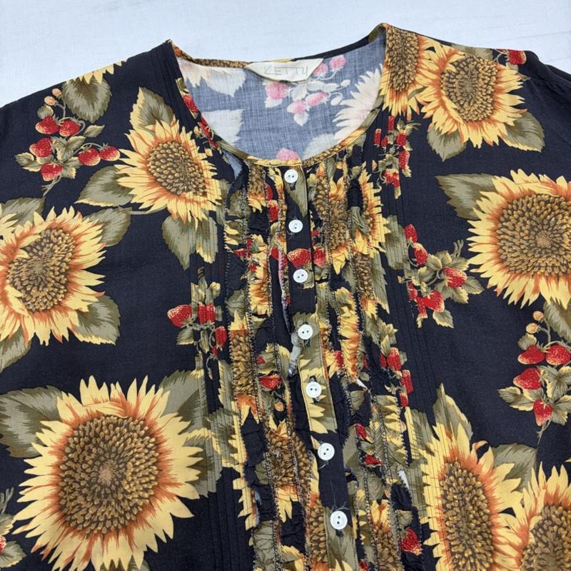 ケティ ketty セットアップ セットアップ ひまわり 花柄 フリル セットアップ 半袖 パフスリーブ ブラウス Aライン ロングスカート レーヨン 9号 花柄 紺 / ネイビー / navy X 橙 / オレンジ / orange X 赤 / レッド / red レディース USED 古着 中古 50170383