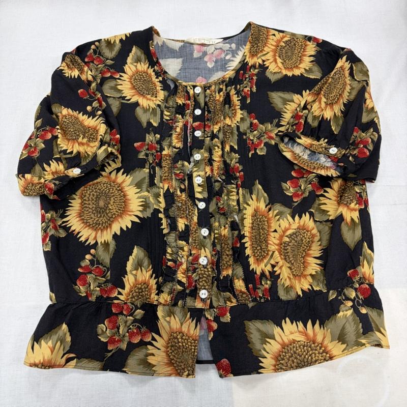 ケティ ketty セットアップ セットアップ ひまわり 花柄 フリル セットアップ 半袖 パフスリーブ ブラウス Aライン ロングスカート レーヨン 9号 花柄 紺 / ネイビー / navy X 橙 / オレンジ / orange X 赤 / レッド / red レディース USED 古着 中古 50170383