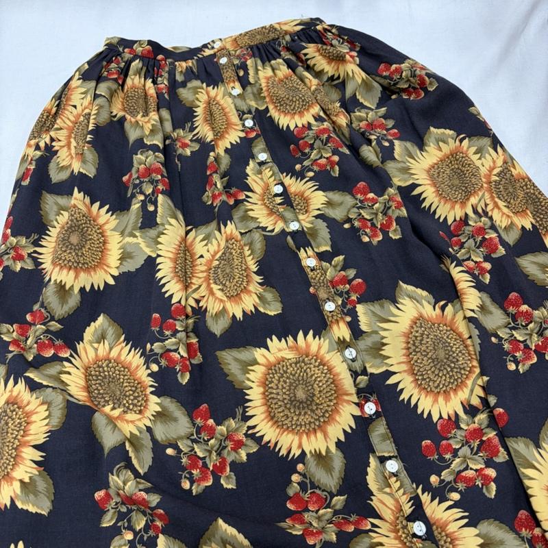 ケティ ketty セットアップ セットアップ ひまわり 花柄 フリル セットアップ 半袖 パフスリーブ ブラウス Aライン ロングスカート レーヨン 9号 花柄 紺 / ネイビー / navy X 橙 / オレンジ / orange X 赤 / レッド / red レディース USED 古着 中古 50170383