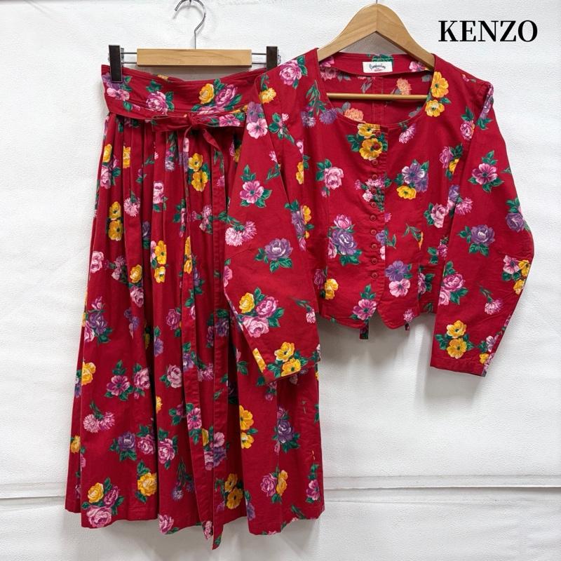 ケンゾー KENZO セットアップ セットアップ 80s 90s OLD ヴィンテージ 花柄 セットアップ ブラウス シャツ ジャケット ロングスカート リボンベルト COMPOSITION 38 花柄 X プリント 赤 / レッド / red X マルチカラー / マルチカラー / multicolor レディース USED 古着 中古 50170389