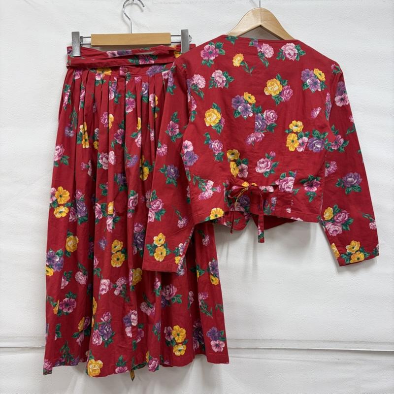 ケンゾー KENZO セットアップ セットアップ 80s 90s OLD ヴィンテージ 花柄 セットアップ ブラウス シャツ ジャケット ロングスカート リボンベルト COMPOSITION 38 花柄 X プリント 赤 / レッド / red X マルチカラー / マルチカラー / multicolor レディース USED 古着 中古 50170389