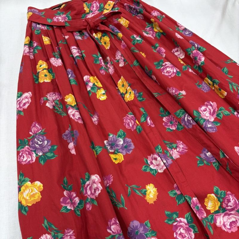 ケンゾー KENZO セットアップ セットアップ 80s 90s OLD ヴィンテージ 花柄 セットアップ ブラウス シャツ ジャケット ロングスカート リボンベルト COMPOSITION 38 花柄 X プリント 赤 / レッド / red X マルチカラー / マルチカラー / multicolor レディース USED 古着 中古 50170389