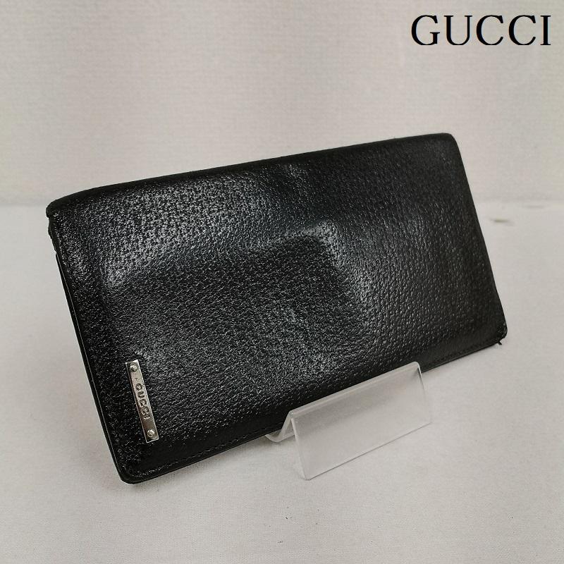 グッチ GUCCI 財布 二つ折り ロゴ プレート 二つ折り 長財布 札入れ - 黒 / ブラック / black メンズ USED 古着 中古 50170401