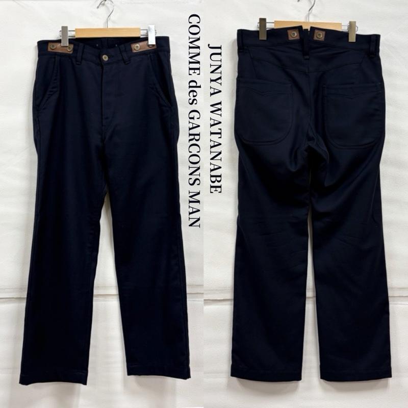 ジュンヤワタナベコムデギャルソンマン JUNYA WATANABE COMME des GARCONS MAN パンツ スラックス 12AW ウールツイルパンツ WJ-P041 ワーク スラックス ボタンフライ レザーパーツ XS 無地 紺 / ネイビー / navy メンズ USED 古着 中古 50170416