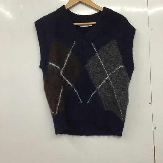 ザラ ZARA ベスト ベスト ニットベスト ノースリーブカットソー プルオーバー M プリント 紺 / ネイビー /  レディース USED 古着 中古 10145171