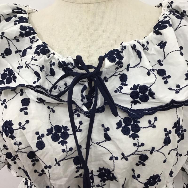 ザラ ZARA カットソー 半袖 2298 063 066 ショート丈 リボン パフスリーブ M 刺繍 白 / ホワイト / X 紺 / ネイビー /  レディース USED 古着 中古 10106710