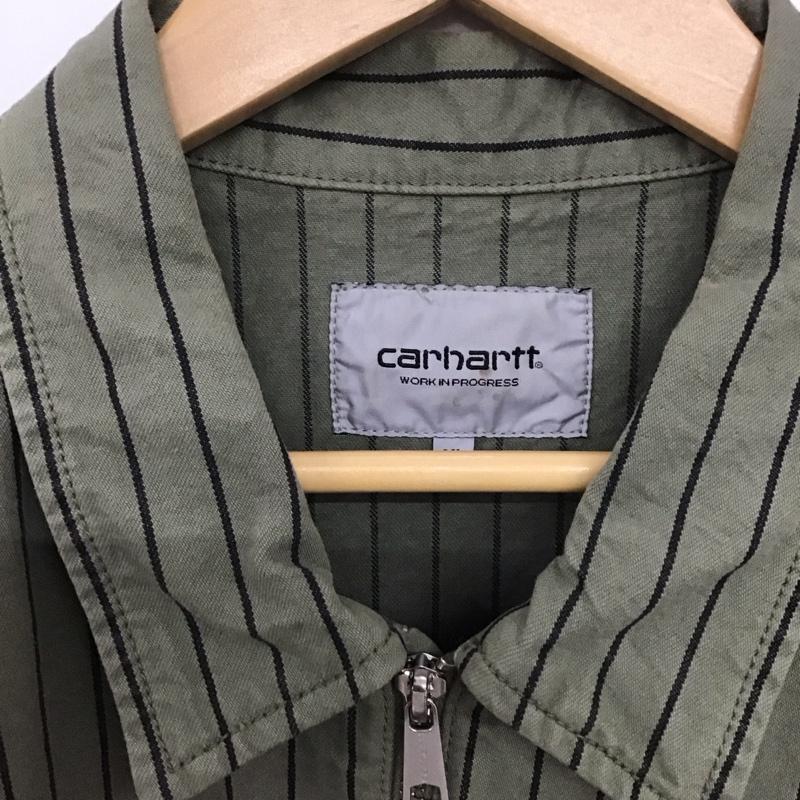 カーハート Carhartt シャツ、ブラウス 半袖 半袖シャツ ストライプシャツ ジップアップカラーシャツ XL ストライプ カーキ / カーキ /  メンズ USED 古着 中古 10133686