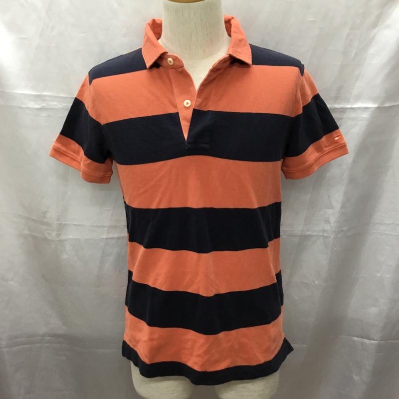 トミーヒルフィガー TOMMY HILFIGER ポロシャツ 半袖 タグ付き L ボーダー柄 橙 / オレンジ / X 紺 / ネイビー /  メンズ USED 古着 中古 10112872