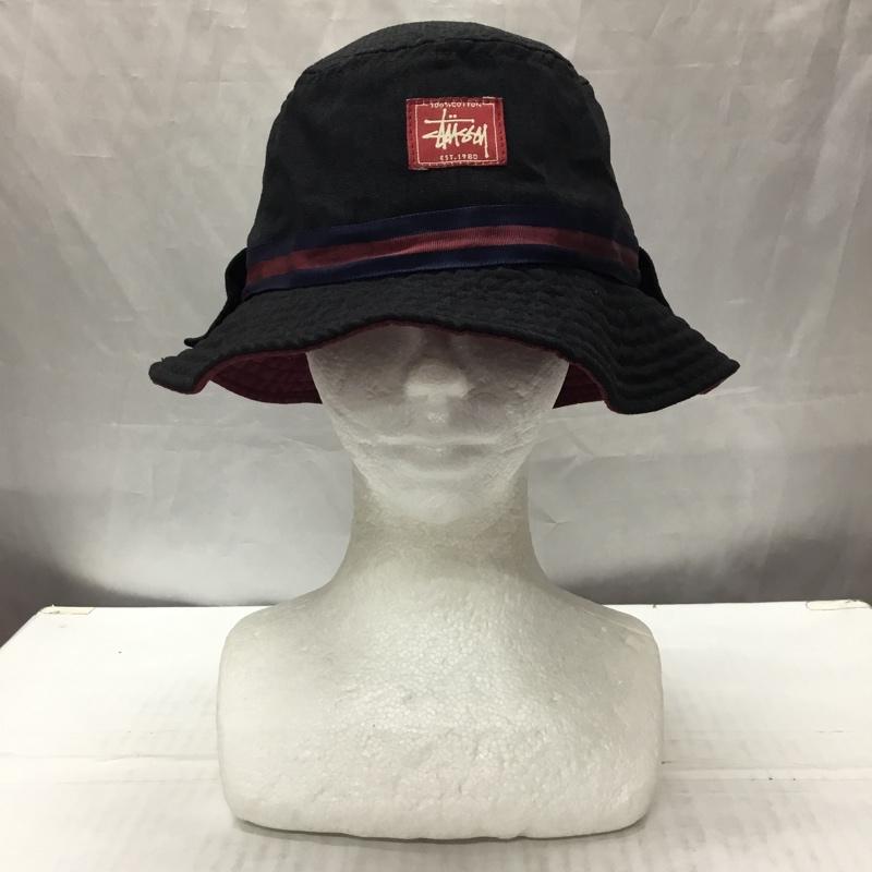 ステューシー STUSSY 帽子 ハット バケットハット USA製 ロゴ、文字 黒 / ブラック / X えんじ / ワインレッド /  メンズ USED 古着 中古 10113727