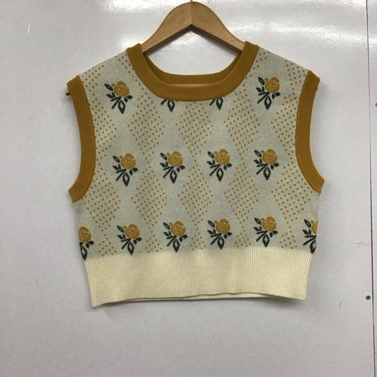 ダブルクローゼット w closet ベスト ベスト 332427 ニットベスト プルオーバー 花柄 黄 / イエロー / X オフホワイト / オフホワイト /  レディース USED 古着 中古 10146411