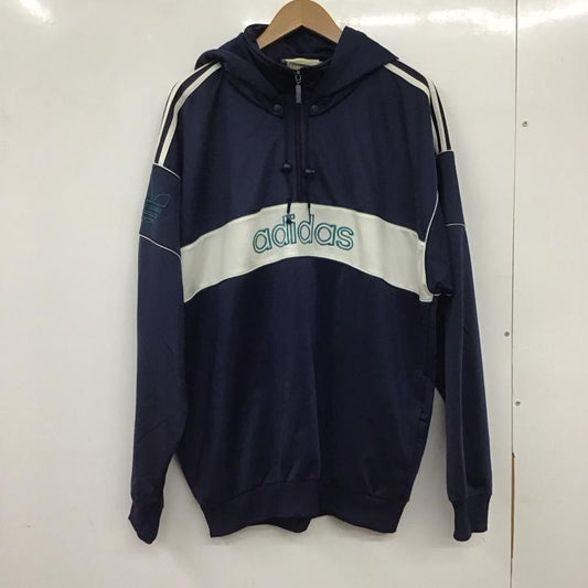 アディダス adidas パーカー 長袖 プルオーバージャケット ジップアップカラー 古着 ジャージ XL ロゴ、文字 白 / ホワイト / X 紺 / ネイビー /  メンズ USED 古着 中古 10137090