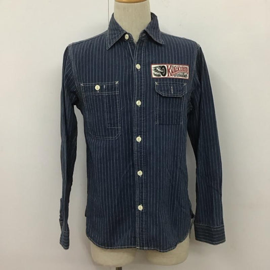 ナッカード KNACKERED シャツ、ブラウス 長袖 40117 バックプリント ロゴ ワークシャツ M ストライプ 紺 / ネイビー /  メンズ USED 古着 中古 10107041