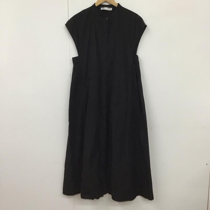 ザラ ZARA ワンピース ロングスカート 3666 021 800 バンドカラー フレンチスリーブ XL 無地 黒 / ブラック /  レディース USED 古着 中古 10130443