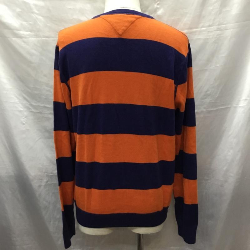 トミーヒルフィガー TOMMY HILFIGER ニット、セーター 長袖 長袖ニットカットソー ニット セーター クルーネックニット L ボーダー柄 橙 / オレンジ / X 紺 / ネイビー /  メンズ USED 古着 中古 10122507