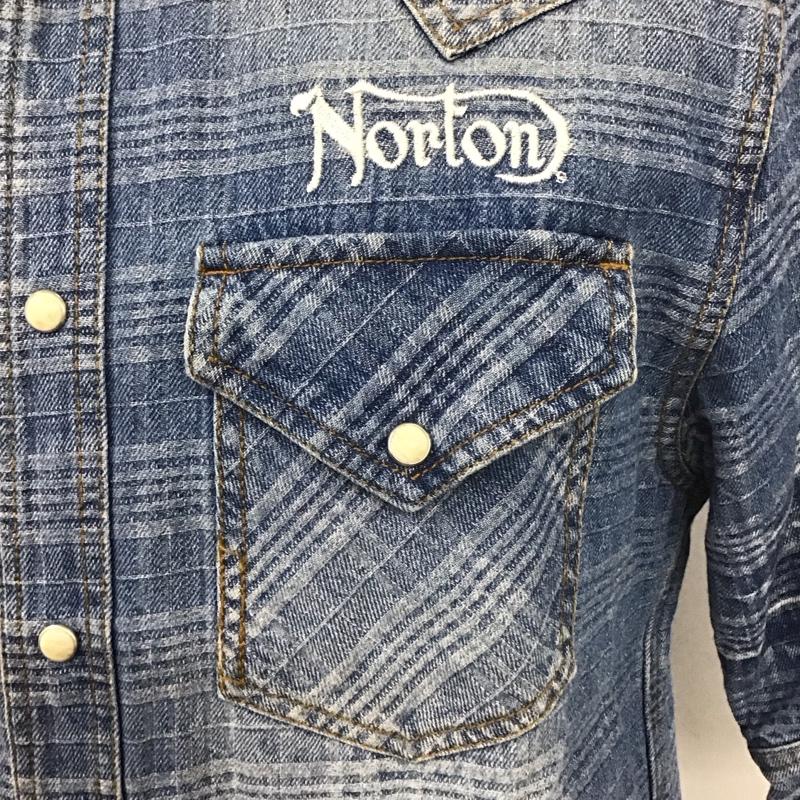 ノートン Norton シャツ、ブラウス 半袖 222N1500 チェックデニムシャツ 刺繍 バイク バイカー 半袖シャツ M ロゴ、文字 X 刺繍 インディゴ / インディゴ /  メンズ USED 古着 中古 10107749