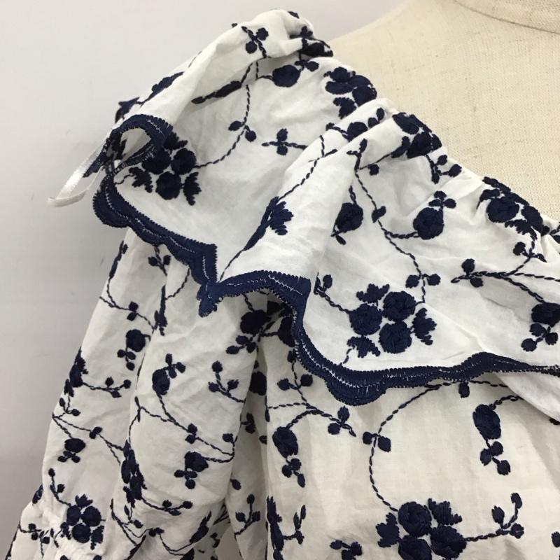 ザラ ZARA カットソー 半袖 2298 063 066 ショート丈 リボン パフスリーブ M 刺繍 白 / ホワイト / X 紺 / ネイビー /  レディース USED 古着 中古 10106710