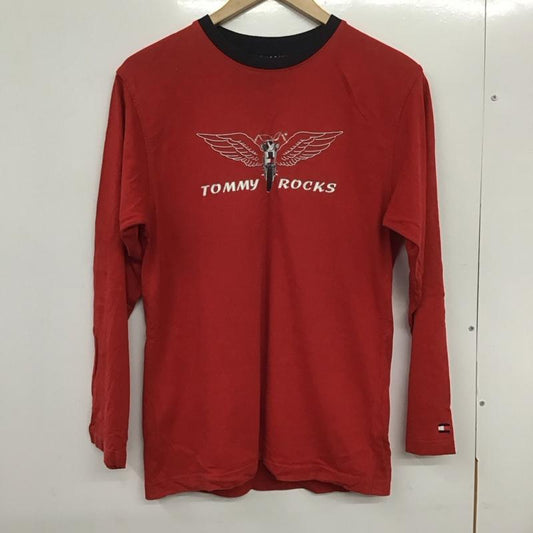 トミーヒルフィガー TOMMY HILFIGER カットソー 長袖 長袖カットソー プリントカットソー クルーネック 90s L プリント 赤 / レッド /  メンズ USED 古着 中古 10132302