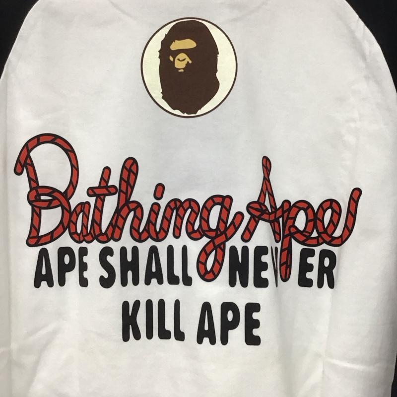 ベイプ BAPE カットソー 長袖 長袖カットソー プリントカットソー クルーネック ラグラン L プリント 白 / ホワイト / X 黒 / ブラック /  メンズ USED 古着 中古 10141230