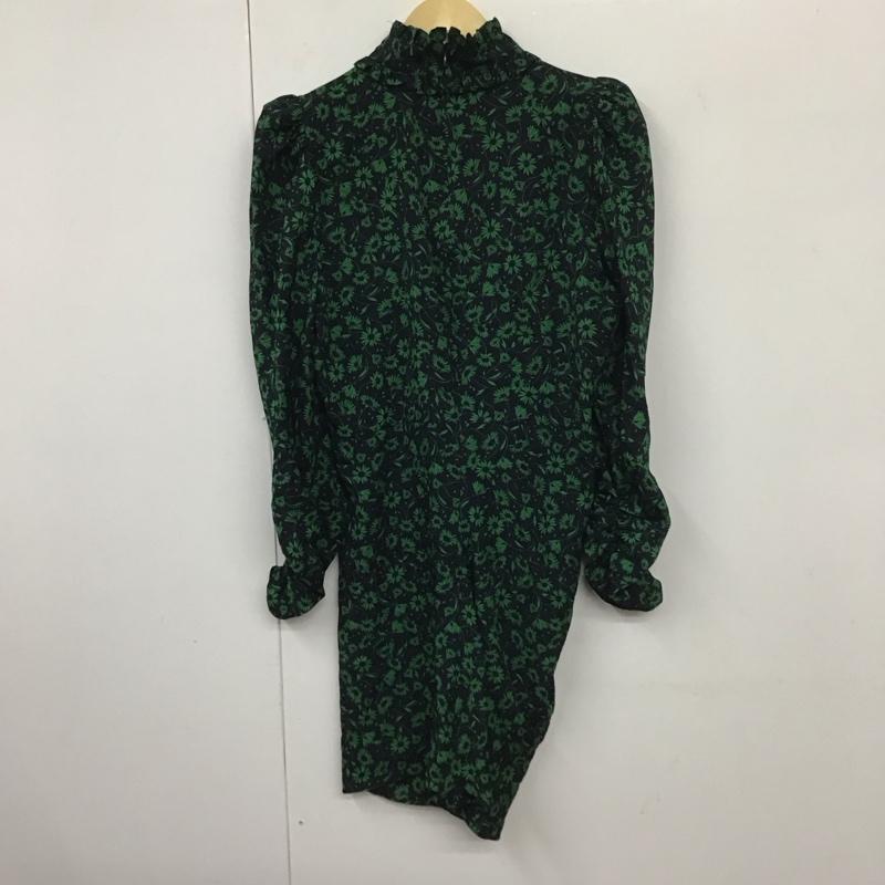 ザラ ZARA ワンピース ひざ丈スカート 2058 101 401 スタンドネック 襟フリル 長袖 L 花柄 黒 / ブラック / X 緑 / グリーン /  レディース USED 古着 中古 10131213