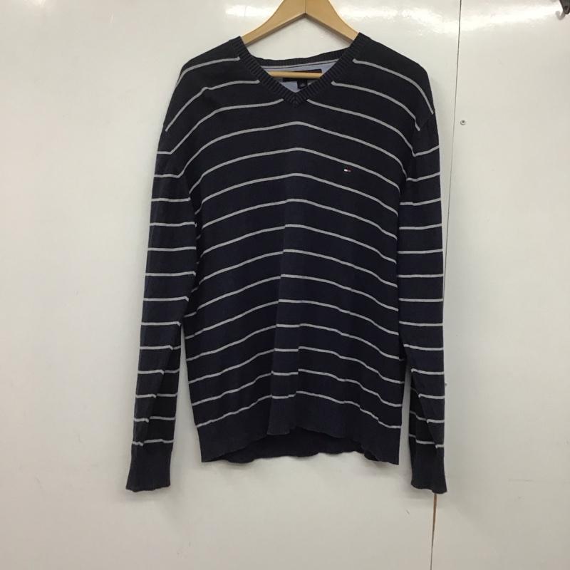 トミーヒルフィガー TOMMY HILFIGER ニット、セーター 長袖 長袖ニットカットソー Vネック セーター L ボーダー柄 紺 / ネイビー /  メンズ USED 古着 中古 10143542