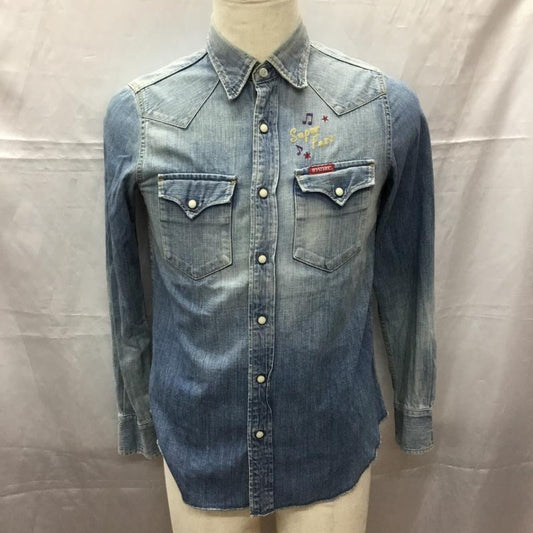 ヒステリックグラマー HYSTERIC GLAMOUR シャツ、ブラウス 長袖 長袖シャツ カラーシャツ ポケットシャツ デニムシャツ M ロゴ、文字 インディゴ / インディゴ /  メンズ USED 古着 中古 10112323