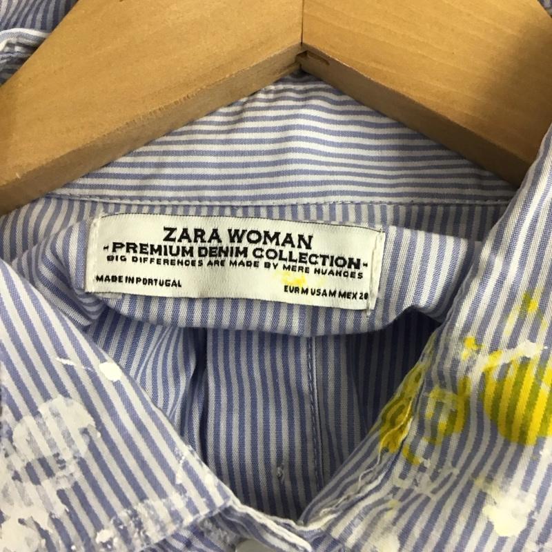 ザラ ZARA シャツ、ブラウス 七分袖 8566 244 400 ペイント M ストライプ 白 / ホワイト / X 水色 / ライトブルー /  レディース USED 古着 中古 10131102