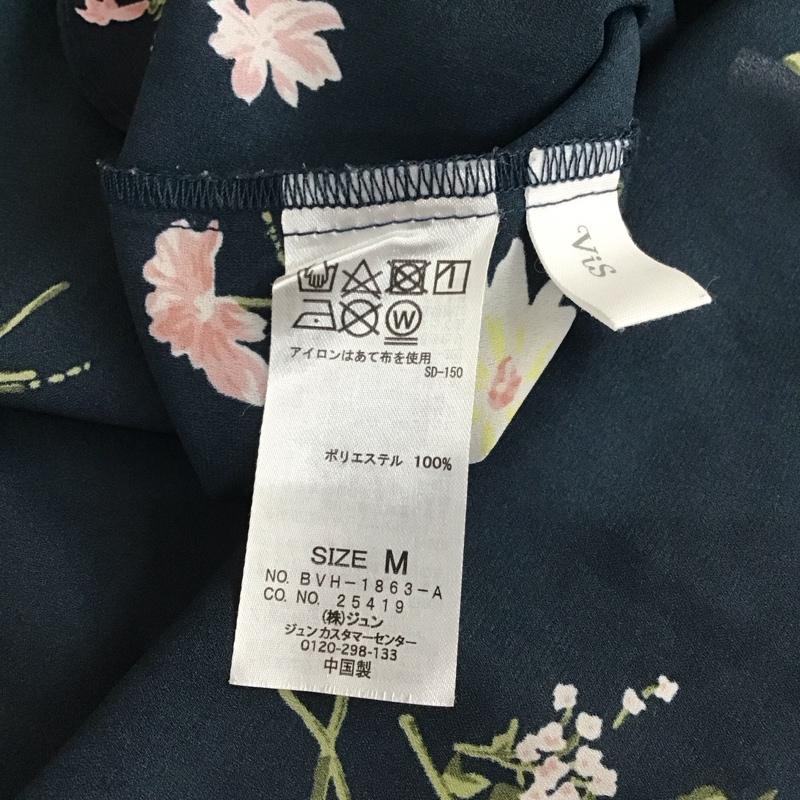 ビス ViS カットソー 半袖 BVH-1863-A フレンチスリーブ飛び花柄ノーカラーブラウス スキッパー M 花柄 紺 / ネイビー /  レディース USED 古着 中古 10116199