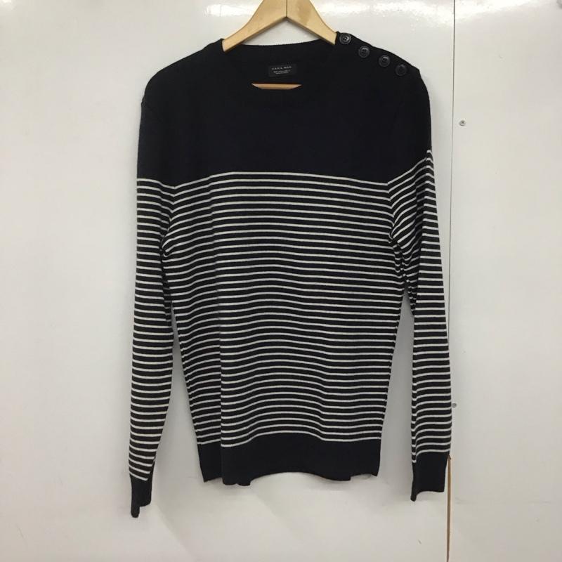 ザラメン ZARA MAN ニット、セーター 長袖 長袖ニットカットソー クルーネック セーター L ボーダー柄 紺 / ネイビー /  メンズ USED 古着 中古 10140911