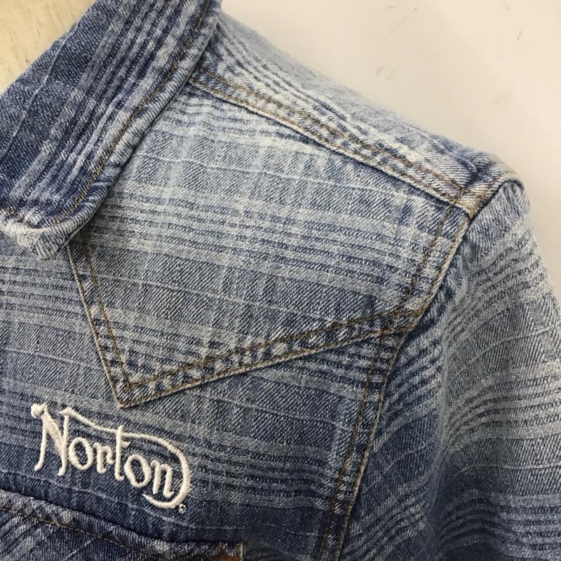 ノートン Norton シャツ、ブラウス 半袖 222N1500 チェックデニムシャツ 刺繍 バイク バイカー 半袖シャツ M ロゴ、文字 X 刺繍 インディゴ / インディゴ /  メンズ USED 古着 中古 10107749