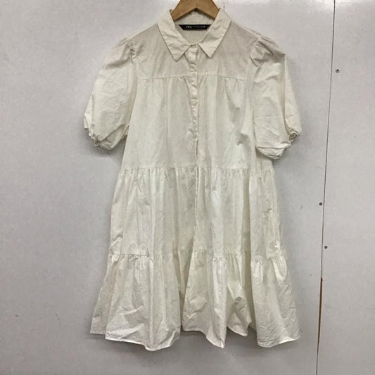 ザラ ZARA ワンピース ミニスカート 半袖ワンピース フレアスカート カラーネック シャツワンピース M 無地 白 / ホワイト /  レディース USED 古着 中古 10136747