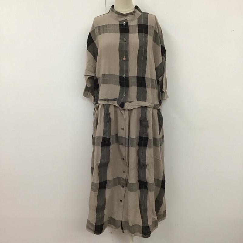アンドヤーン &yarn ワンピース ロングスカート WNY-049 ドルマンスリーブ 前開き スタンドネック チェック 灰 / グレー / X 黒 / ブラック /  レディース USED 古着 中古 10122661