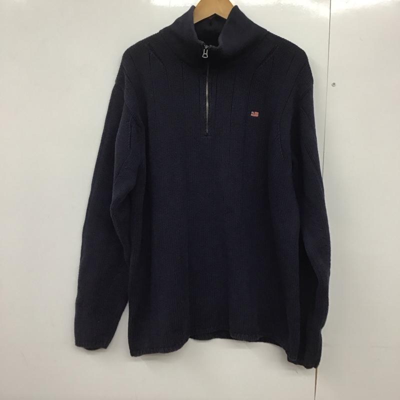 ポロジーンズ Polo Jeans Co. ニット、セーター 長袖 長袖ニット ジップアップネック スタンドカラー XL ロゴ、文字 紺 / ネイビー /  メンズ USED 古着 中古 10143200