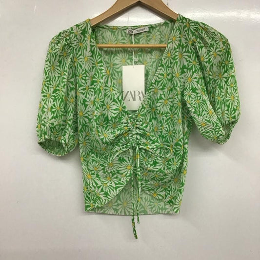 ザラ ZARA カットソー 半袖 半袖カットソー プリントシャツ Vネックカットソー L プリント 緑 / グリーン /  レディース USED 古着 中古 10135449