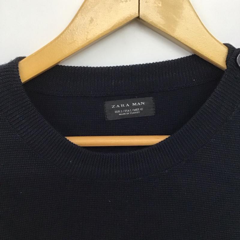 ザラメン ZARA MAN ニット、セーター 長袖 長袖ニットカットソー クルーネック セーター L ボーダー柄 紺 / ネイビー /  メンズ USED 古着 中古 10140911