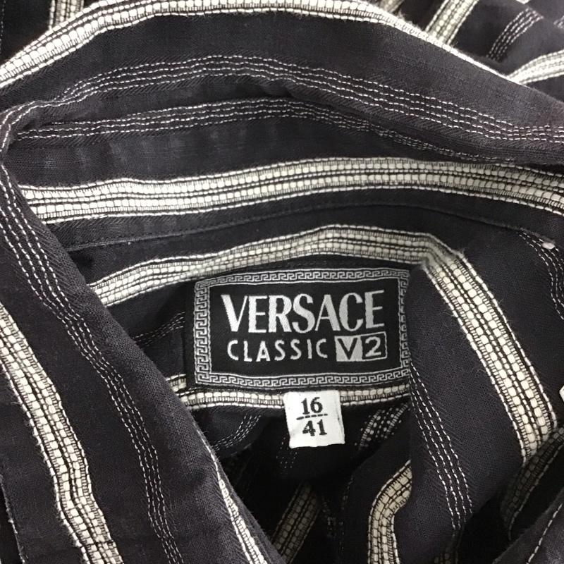 ヴェルサーチ VERSACE シャツ、ブラウス 長袖 VERSACE CLASSIC V2 コットン ストライプ 紺 / ネイビー / X 白 / ホワイト /  メンズ USED 古着 中古 10107660