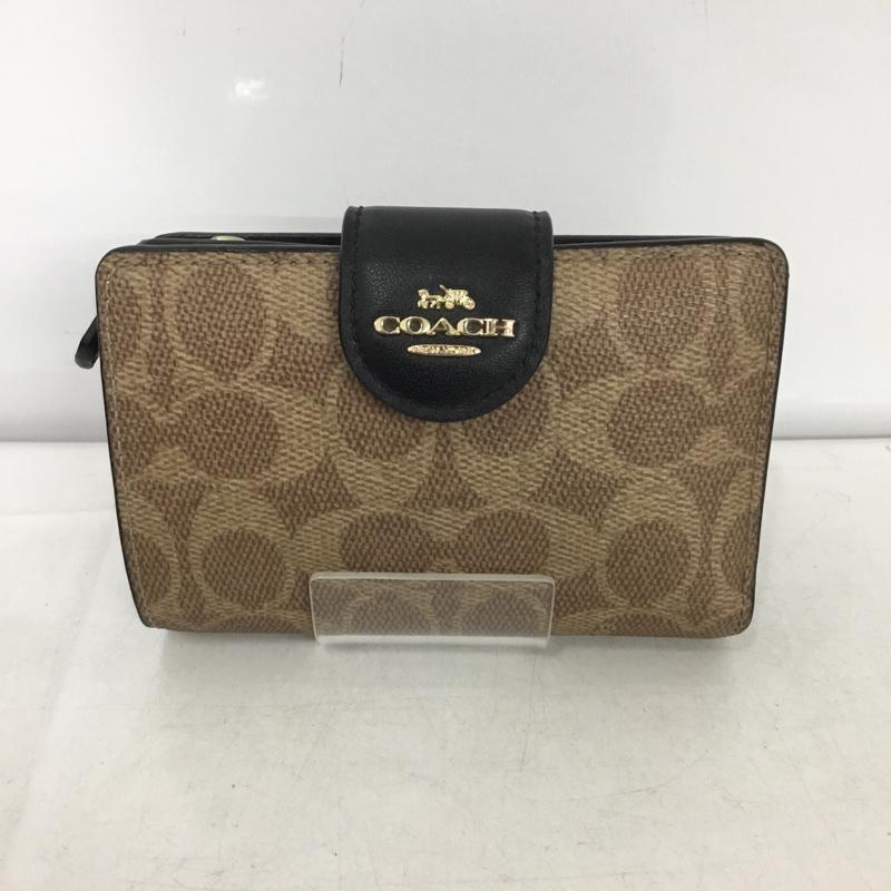 コーチ COACH 財布 二つ折り シグネチャー ロゴ、文字 ベージュ / ベージュ / X 黒 / ブラック /  レディース USED 古着 中古 10147134