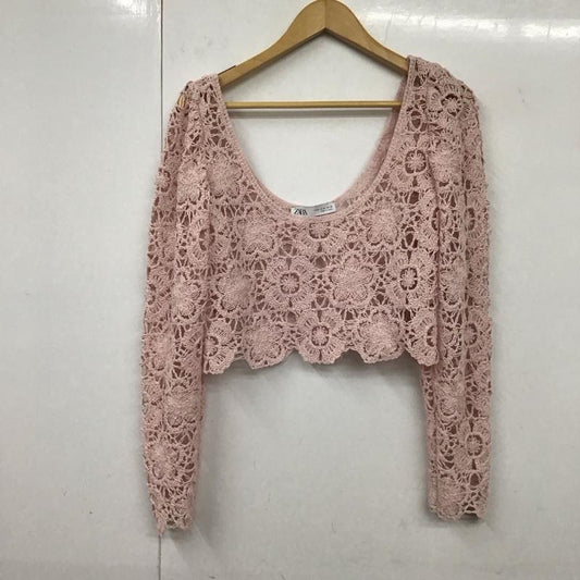 ザラ ZARA カットソー 長袖 2142/101/644 Tan Crochet Bardot Puff Sleeve Crop Top M 無地 桃 / ピンク /  レディース USED 古着 中古 10131566