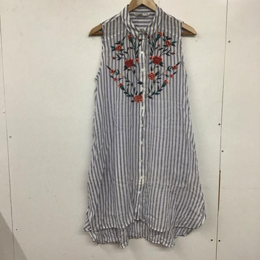 ザラベーシック ZARA BASIC ワンピース ひざ丈スカート L ストライプ X 刺繍 白 / ホワイト / X 水色 / ライトブルー /  レディース USED 古着 中古 10134598