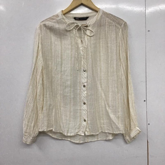 ザラ ZARA シャツ、ブラウス 長袖 M ストライプ 白 / ホワイト / X ベージュ / ベージュ /  レディース USED 古着 中古 10148785